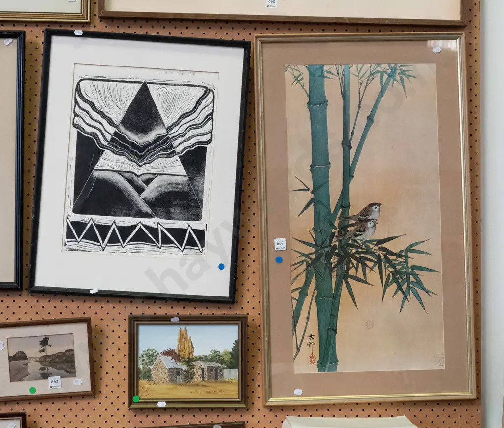 framed bamboo and bird print, J Miller 1990 AP abstract - blue dots Image 1++