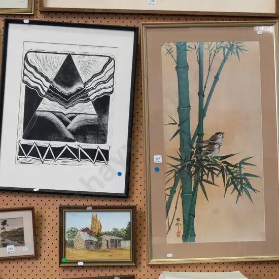 framed bamboo and bird print, J Miller 1990 AP abstract - blue dots