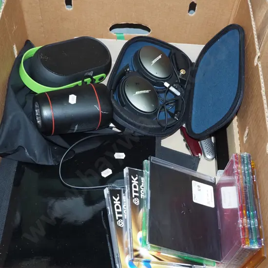 box; blue tooth speaker, Bose headphones, pocket knives etc