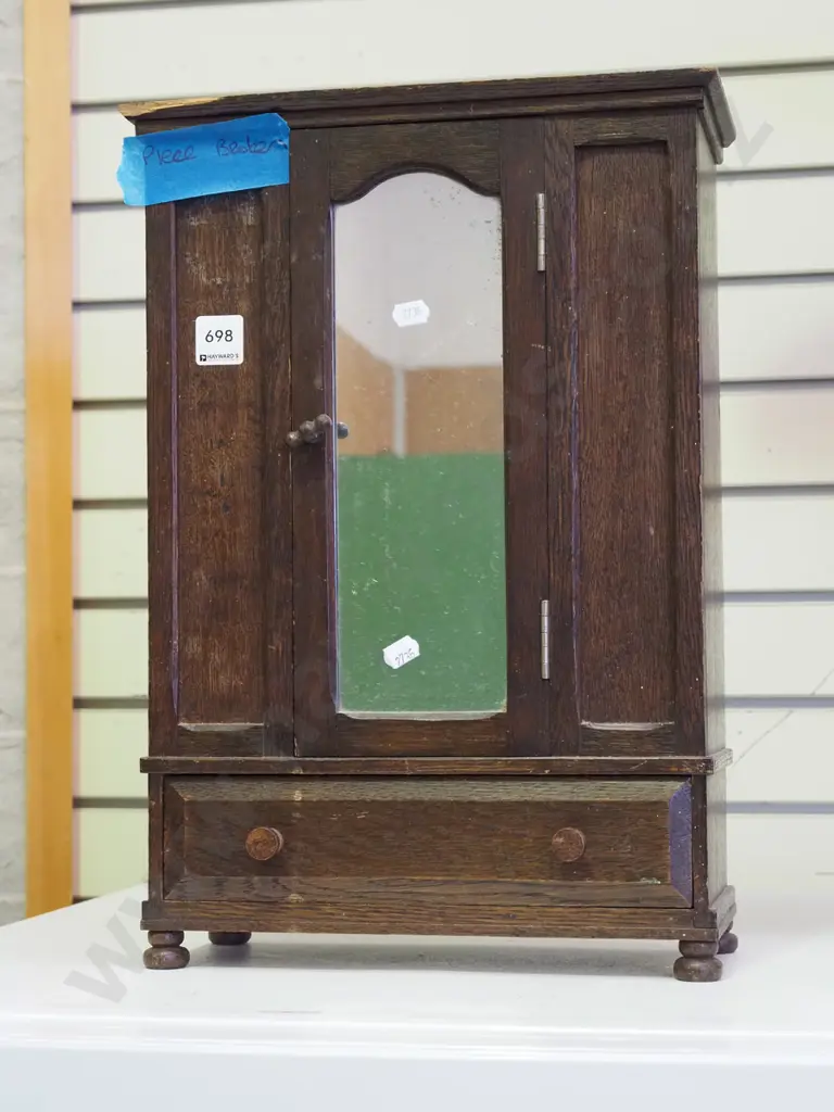 small oak novelty storage cupboard with drawer and mirror H440  Image 1++