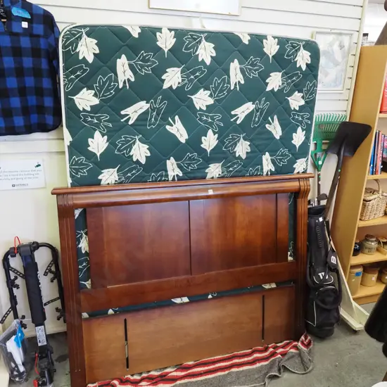 queen mattress, dark stained pine headboard - no base