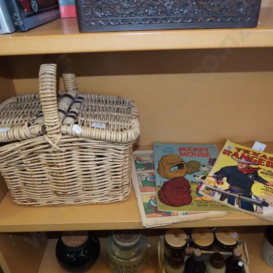 small cane picnic hamper, comic books
