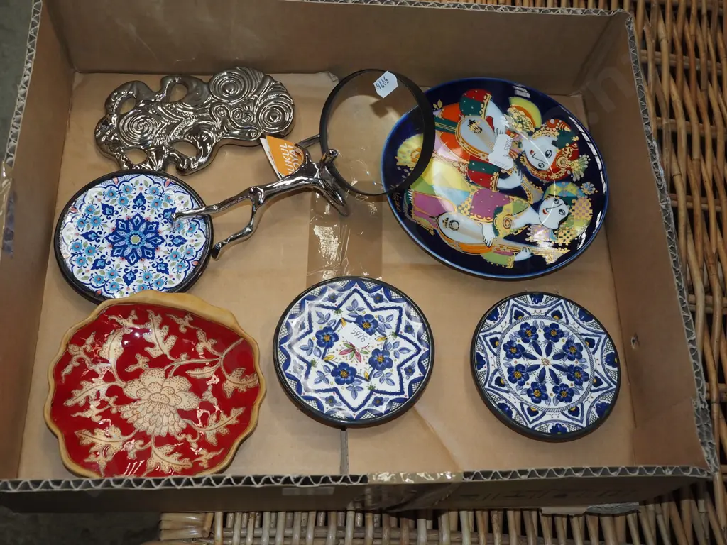 box; magnifying glass, chrome tiki, pin dishes etc Image 1++