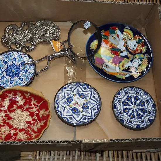 box; magnifying glass, chrome tiki, pin dishes etc