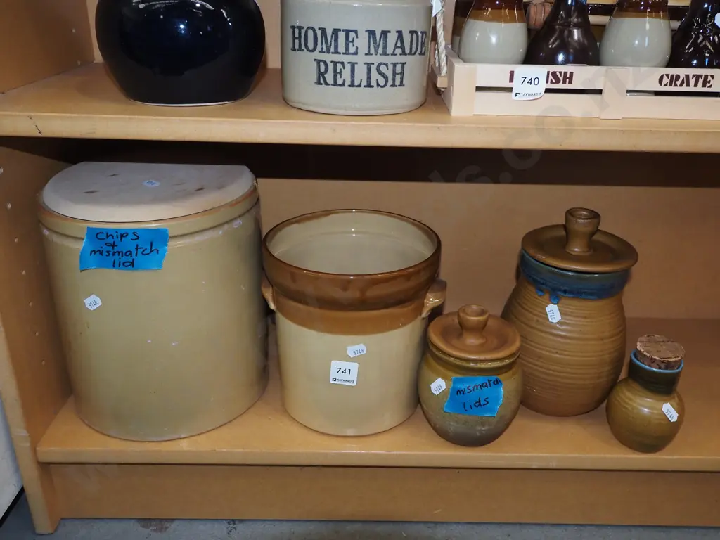 shelf; storage crocks, canisters - mismatched lids and chips Image 1++