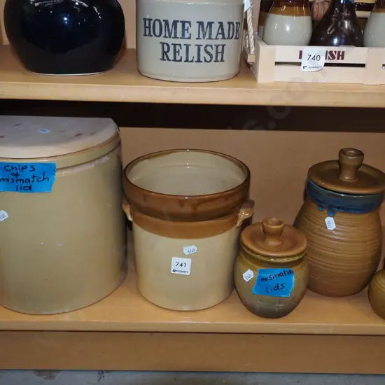 shelf; storage crocks, canisters - mismatched lids and chips