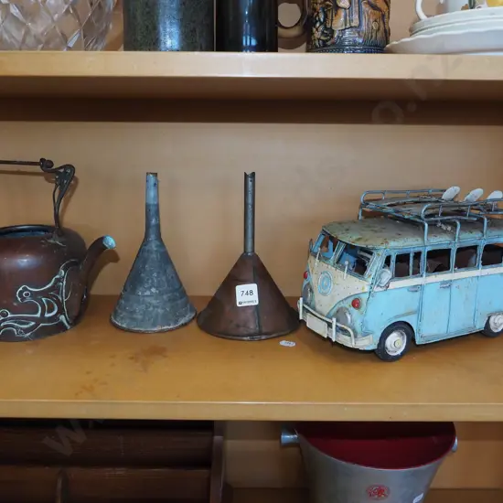 shelf; vintage funnels, copper tea pot - no lid, rusty VW Kombi