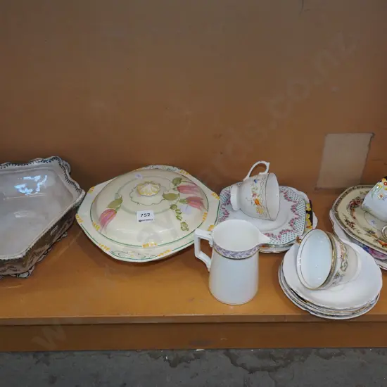 shelf; lidded veges, cups, jug etc