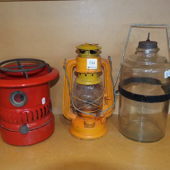 kerosene camp stove, hurricane lantern, kerosene fuel dispensing bottle