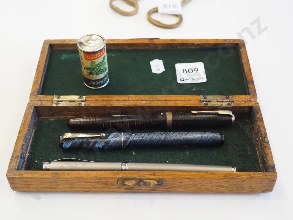 wooden box; 3x pens, miniature tin of Watties Garden peas Image 1++