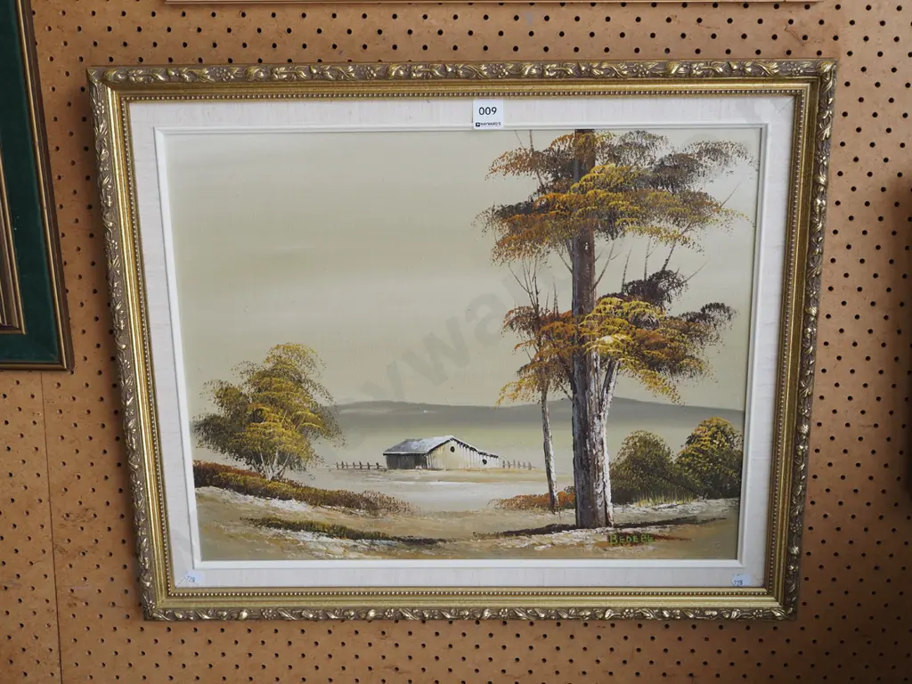 framed oil on board - trees and farm building Image 1++