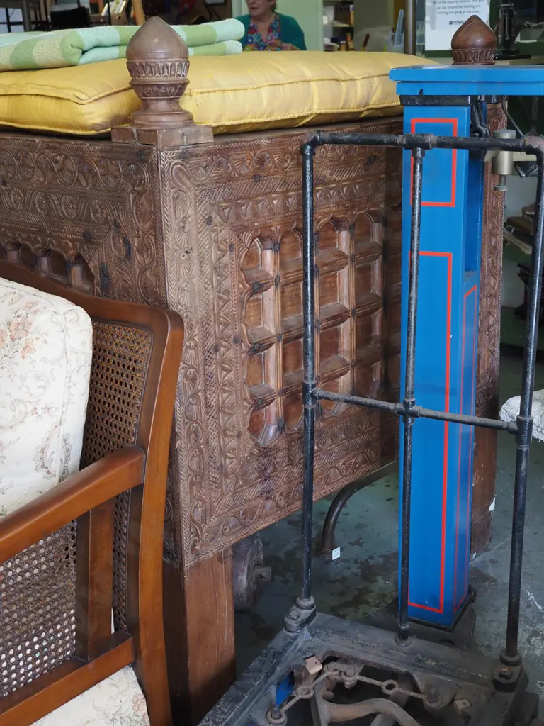 large, heavy Indian/Asian heavily carved hardwood dowry/rice storage chest with upholstered squab, lock & key, but lock Image 1++