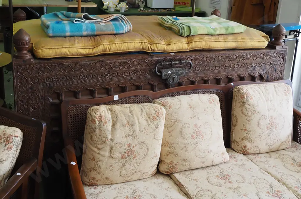 large, heavy Indian/Asian heavily carved hardwood dowry/rice storage chest with upholstered squab, lock & key, but lock Image 1++