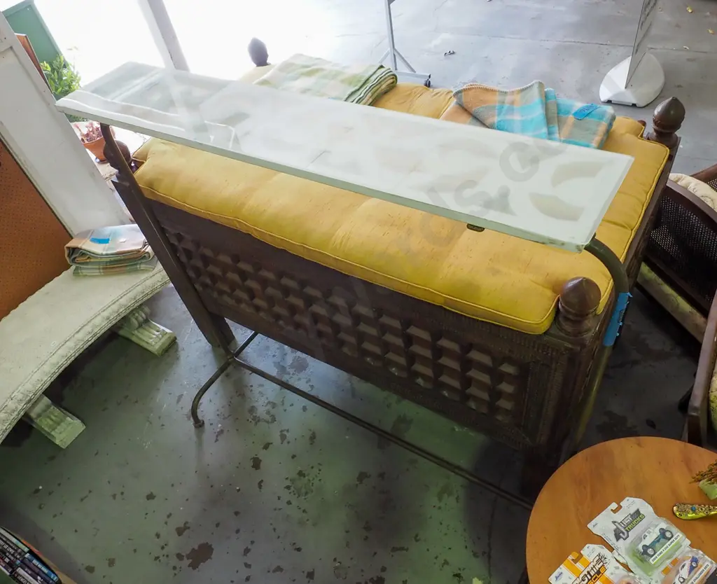 Edwardian metal shop display rack with improvised top shelf H1510 W1600 Image 1++