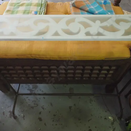 Edwardian metal shop display rack with improvised top shelf H1510 W1600