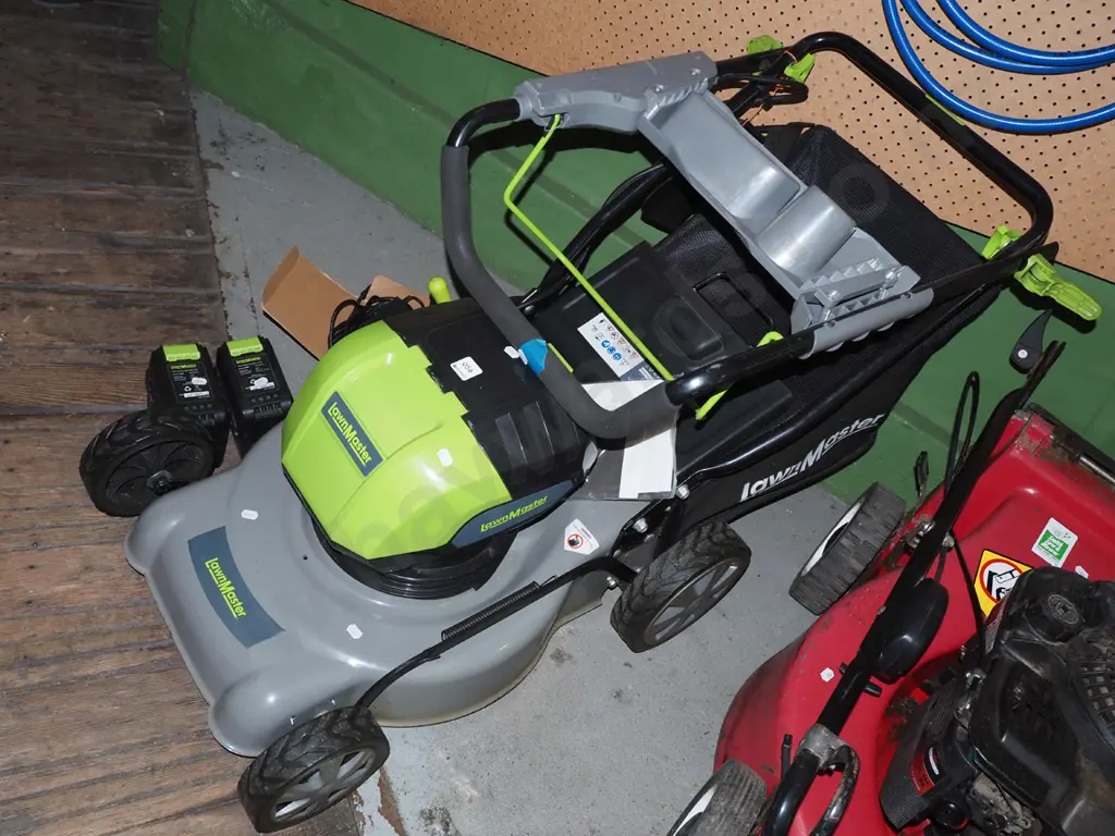 Lawnmaster 40V battery powered lawn - 2 batteries and 2 chargers - batteries in office Image 1++