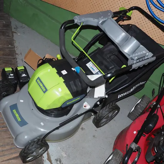 Lawnmaster 40V battery powered lawn - 2 batteries and 2 chargers - batteries in office
