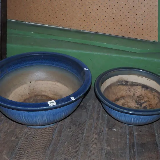 2x blue glazed garden planters Largest Diam430