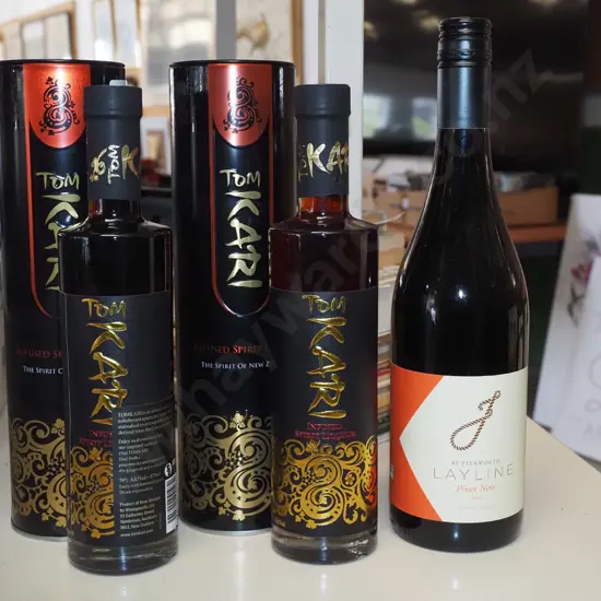 bottle of pinot noir, 2x bottles of Ton Kari