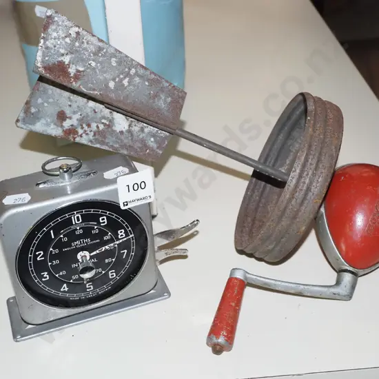 Smith's clockwork timer clock, vintage butter churner top