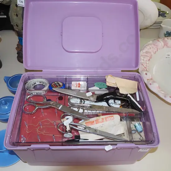 plastic sewing box and contents; scissors, patterns etc