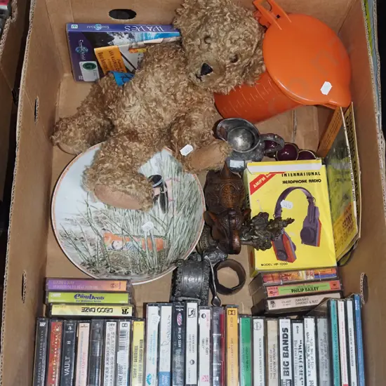 box; tape cassettes, teddy bear etc