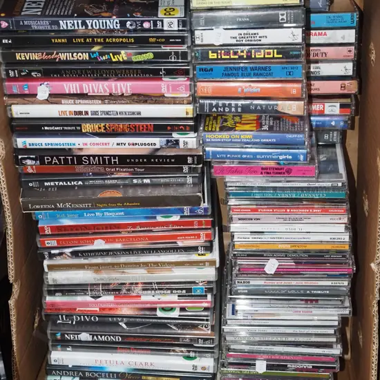 box of CDs, DVDs