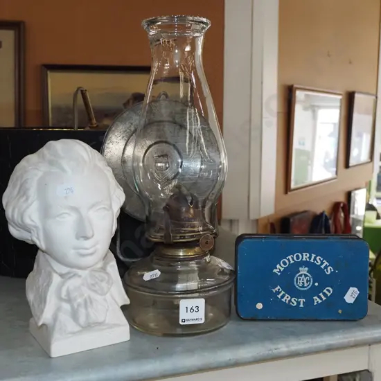 Mozart bust, wall mounted kerosene lantern, first aid kit