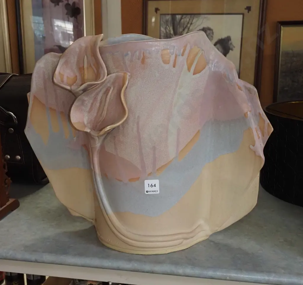 large slab studio pottery vase - chip to 1 flower H390  Image 1++