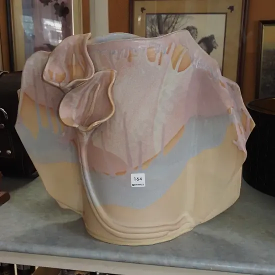 large slab studio pottery vase - chip to 1 flower H390 