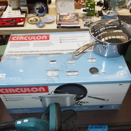 box of as new Circulon pots and pans