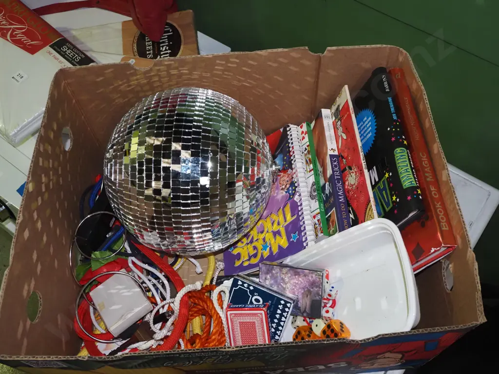 box; magic books, disco ball, playing cards, dice etc Image 1++