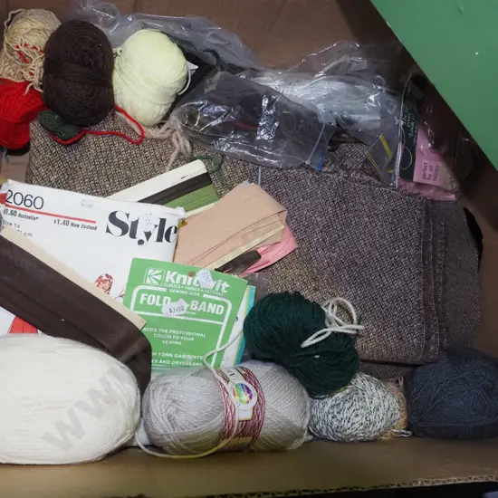 box; fabric pieces, knitting yarns etc