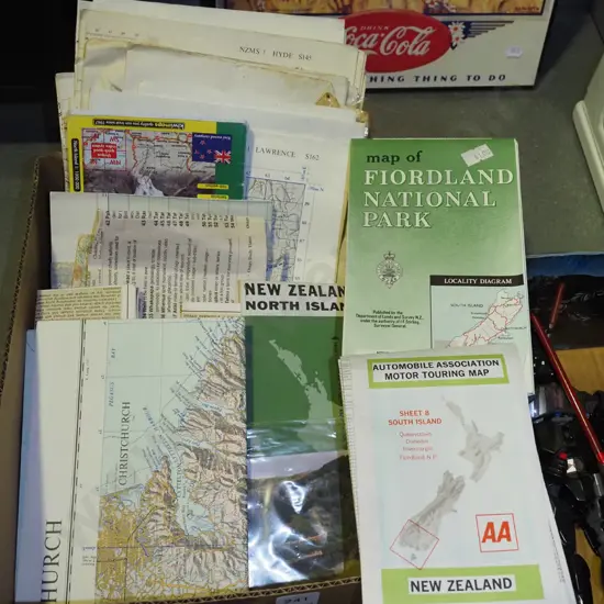 box of NZ road maps, Taieri Gorge postcards