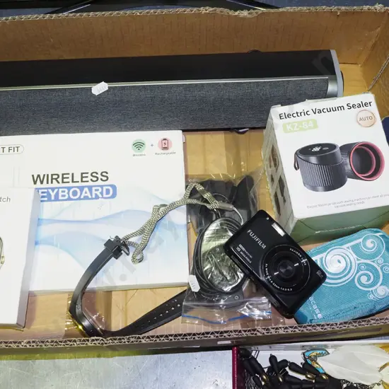 box; electrical items, vacuum sealer, wireless keyboard, speaker etc