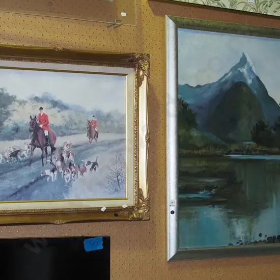 framed oil - Mitre Peak, gilt framed hunting print - black dots