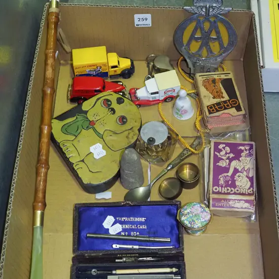 box; AA car badge, playing cards, shoe horn etc
