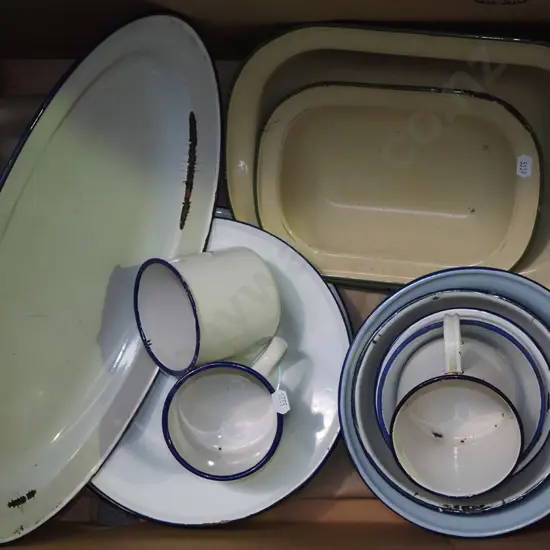 box; enamel bowls, cups etc