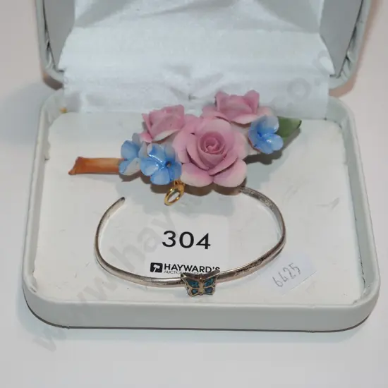 sterling silver butterfly bracelet - slightly mishapen, ceramic floral broach