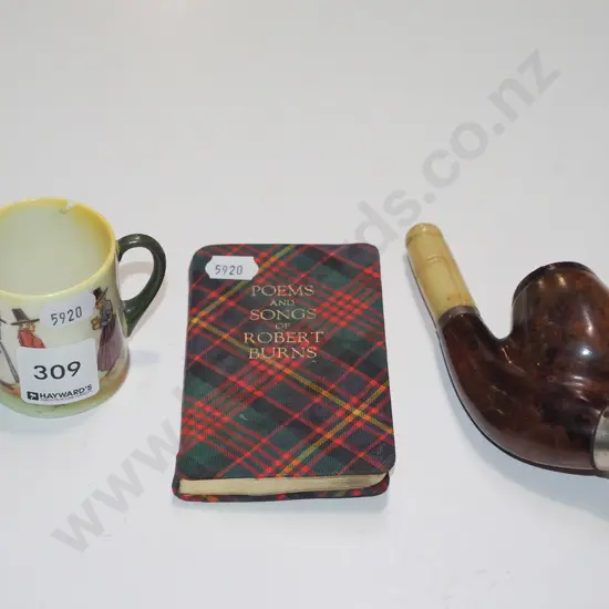 small Royal Doulton double handled cup (small crack),small book of Robert Burns poems, pipe w/ crack to stem