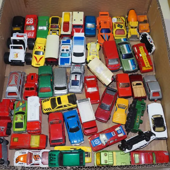 box of toy vehicles