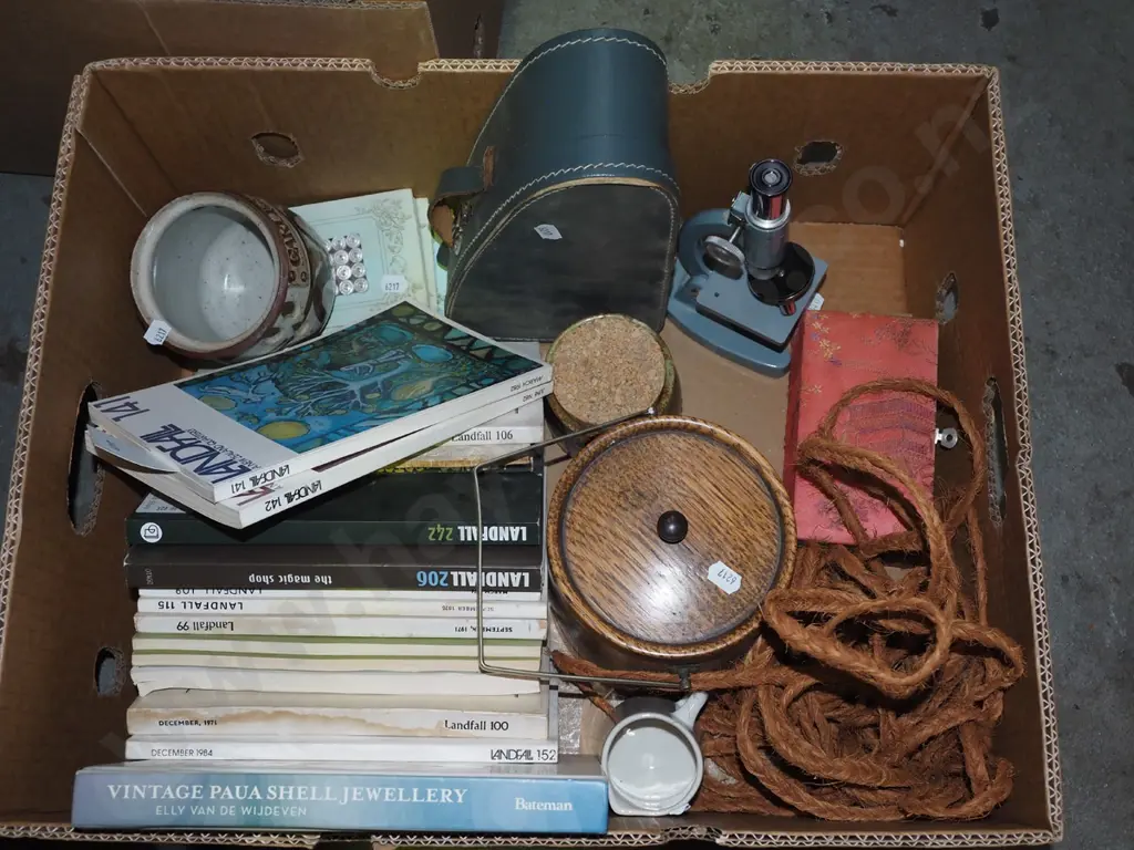box of Landfall back issues, ice bucket, jute rope, etc Image 1++