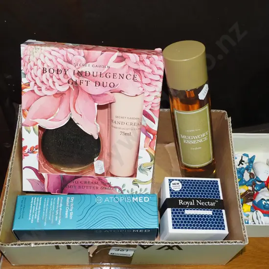 box of toiletry gift sets, etc