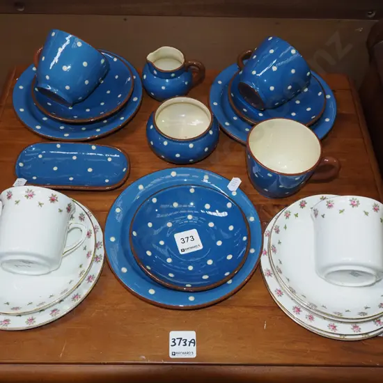 blue & white Torquay ware cups, saucers, milk jug, creamer, 2 other trios