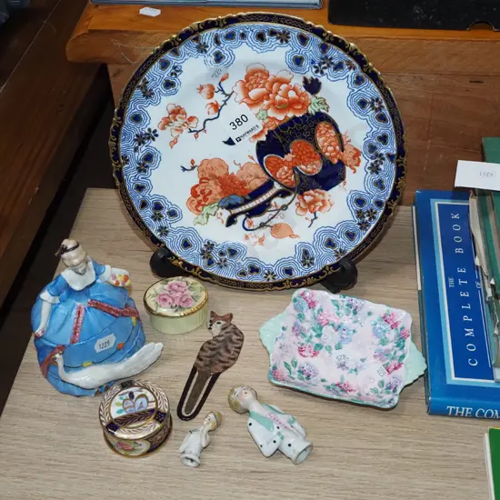 Royal Crown Derby plate, small trinket boxes, half doll, etc