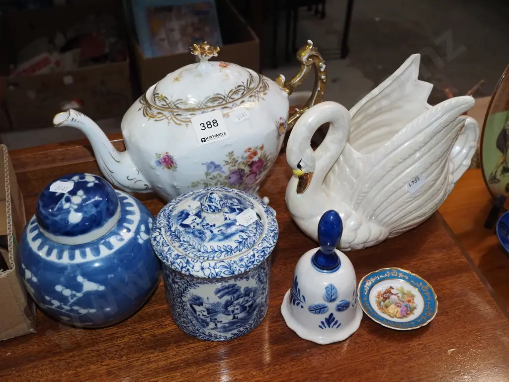 ginger jar, Burslem lidded jar with chip to rim, floral teapot, etc Image 1++