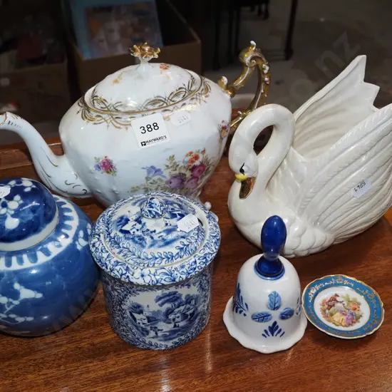 ginger jar, Burslem lidded jar with chip to rim, floral teapot, etc