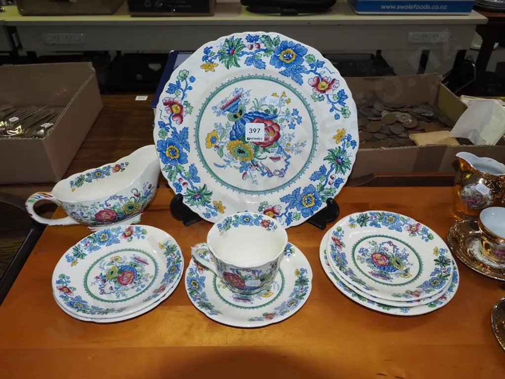 Masons plate, cups, saucers, gravy boat - crazing and some chips Image 1++