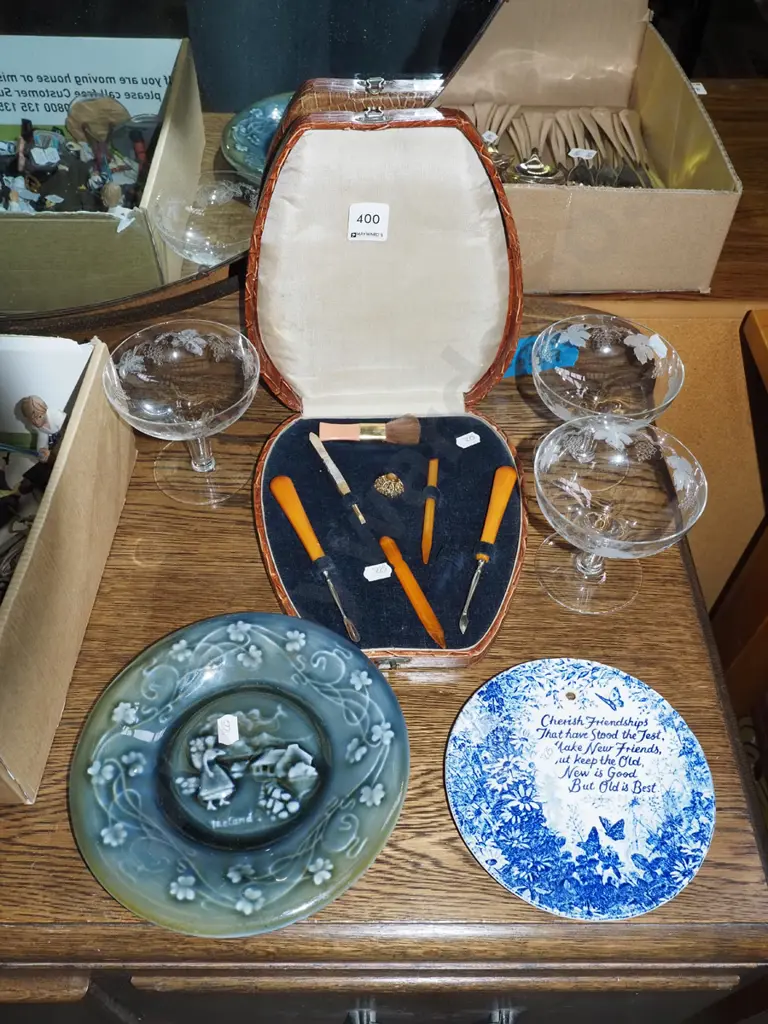 vintage manicure set, hollow-stem champagne glasses, Irish porcelain plate etc Image 1++