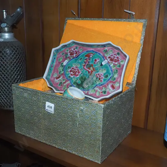 asian cased serving dish and lidded canisters